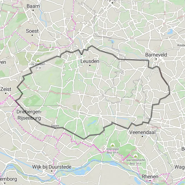 Miniatuurkaart van de fietsinspiratie "Wegroute langs de Utrechtse Heuvelrug" in Gelderland, Netherlands. Gemaakt door de Tarmacs.app fietsrouteplanner
