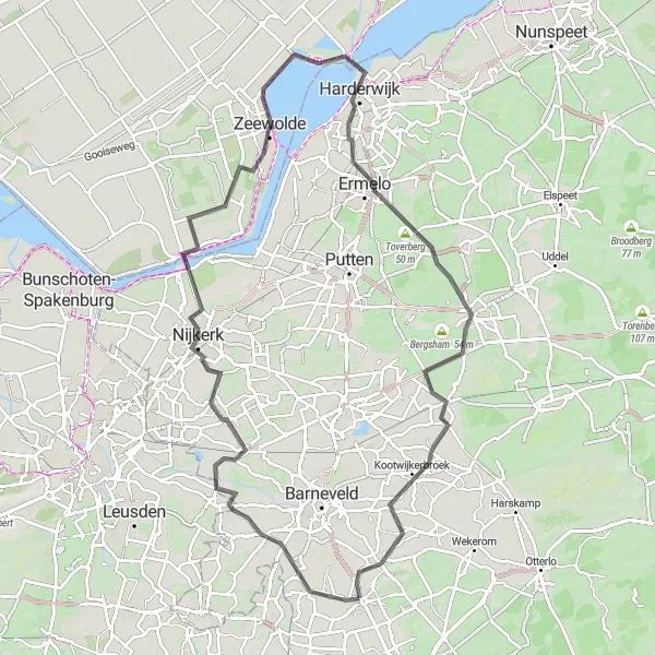 Map miniature of "Dutch Countryside and Coastal Excursion" cycling inspiration in Gelderland, Netherlands. Generated by Tarmacs.app cycling route planner