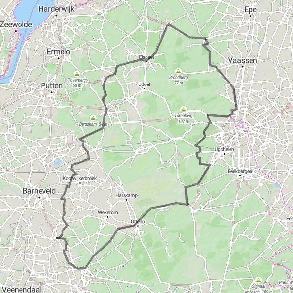Miniatuurkaart van de fietsinspiratie "Uitdagende roadtrip over de Veluwe" in Gelderland, Netherlands. Gemaakt door de Tarmacs.app fietsrouteplanner