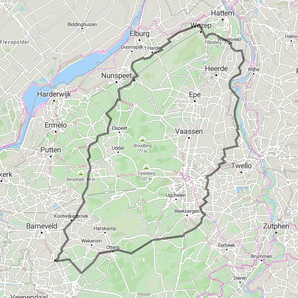 Map miniature of "Cycling the Veluwe Forests and Countryside" cycling inspiration in Gelderland, Netherlands. Generated by Tarmacs.app cycling route planner