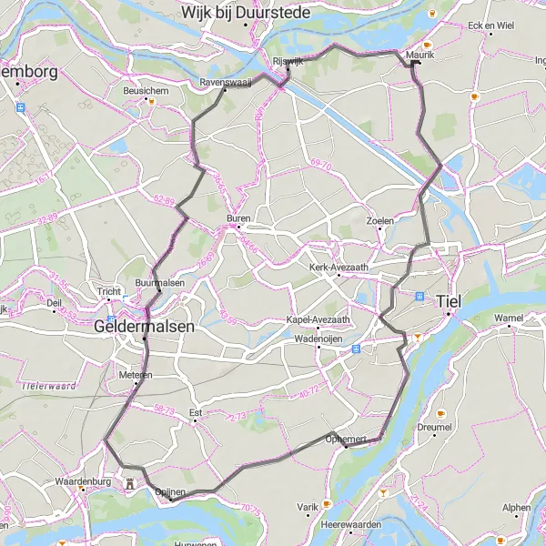 Miniatuurkaart van de fietsinspiratie "Betuwse Bloesemroute Zennewijnen-Rijswijk" in Gelderland, Netherlands. Gemaakt door de Tarmacs.app fietsrouteplanner