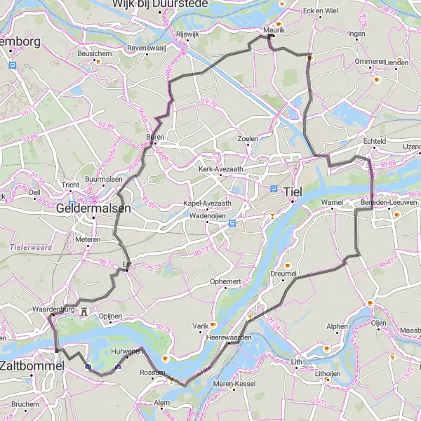 Map miniature of "Riverside Escape" cycling inspiration in Gelderland, Netherlands. Generated by Tarmacs.app cycling route planner
