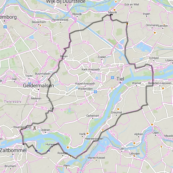 Miniatuurkaart van de fietsinspiratie "Pittoreske dorpen langs de Waal" in Gelderland, Netherlands. Gemaakt door de Tarmacs.app fietsrouteplanner