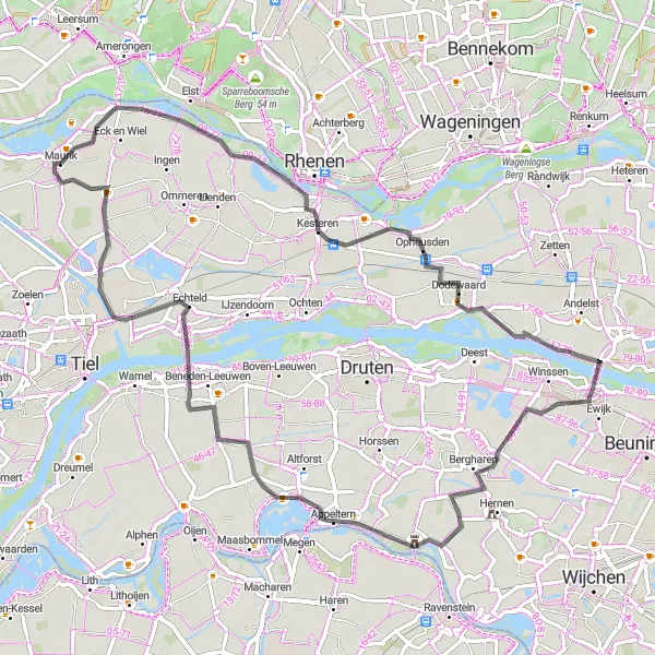 Map miniature of "Maurik and Around" cycling inspiration in Gelderland, Netherlands. Generated by Tarmacs.app cycling route planner