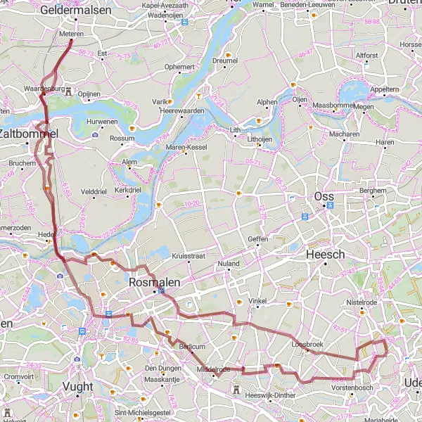 Miniatuurkaart van de fietsinspiratie "Graveltocht naar Kasteel Waardenburg en Berlicum" in Gelderland, Netherlands. Gemaakt door de Tarmacs.app fietsrouteplanner