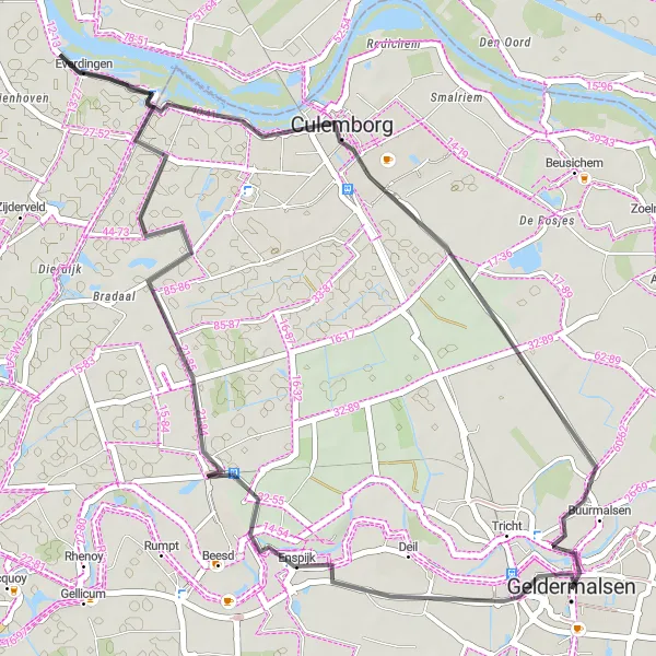 Map miniature of "The Enspijk Loop" cycling inspiration in Gelderland, Netherlands. Generated by Tarmacs.app cycling route planner