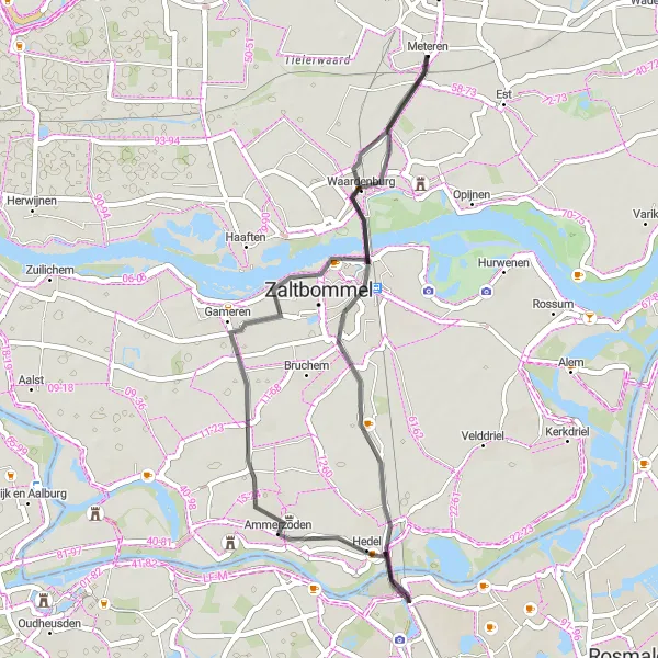 Map miniature of "Zaltbommel and Beyond" cycling inspiration in Gelderland, Netherlands. Generated by Tarmacs.app cycling route planner