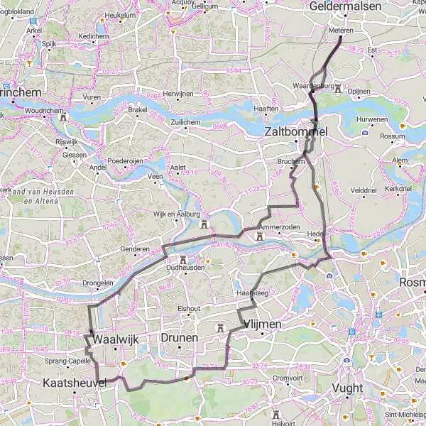 Map miniature of "The River and Canal Discovery" cycling inspiration in Gelderland, Netherlands. Generated by Tarmacs.app cycling route planner