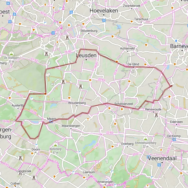 Miniatuurkaart van de fietsinspiratie "Graveltocht door Austerlitz en Leusden" in Gelderland, Netherlands. Gemaakt door de Tarmacs.app fietsrouteplanner