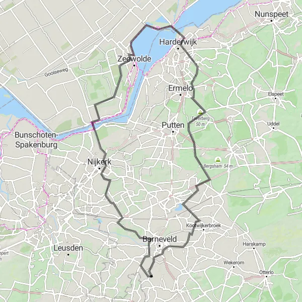 Miniatuurkaart van de fietsinspiratie "Avontuurlijke Tocht rondom Zeewolde en Harderwijk" in Gelderland, Netherlands. Gemaakt door de Tarmacs.app fietsrouteplanner
