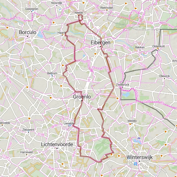 Map miniature of "Gravel Route from Neede to Eibergen" cycling inspiration in Gelderland, Netherlands. Generated by Tarmacs.app cycling route planner