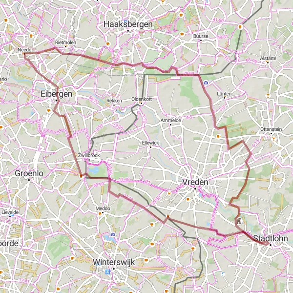 Map miniature of "Gravel Route from Neede to Eibergen and Bockwinkel" cycling inspiration in Gelderland, Netherlands. Generated by Tarmacs.app cycling route planner