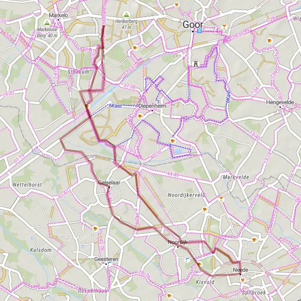 Map miniature of "Hidden Gems of Gelderland" cycling inspiration in Gelderland, Netherlands. Generated by Tarmacs.app cycling route planner