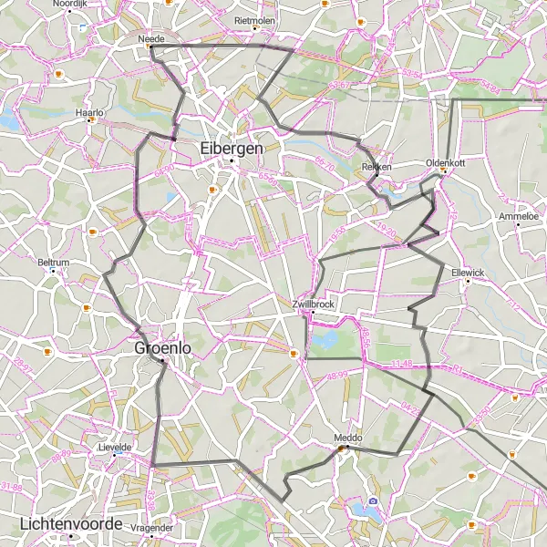 Map miniature of "Rural Roadways" cycling inspiration in Gelderland, Netherlands. Generated by Tarmacs.app cycling route planner