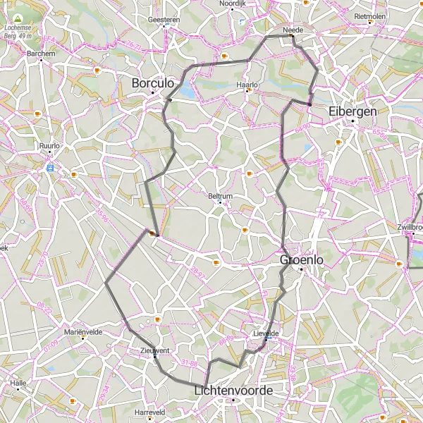 Map miniature of "Road Route from Neede to Lievelde" cycling inspiration in Gelderland, Netherlands. Generated by Tarmacs.app cycling route planner