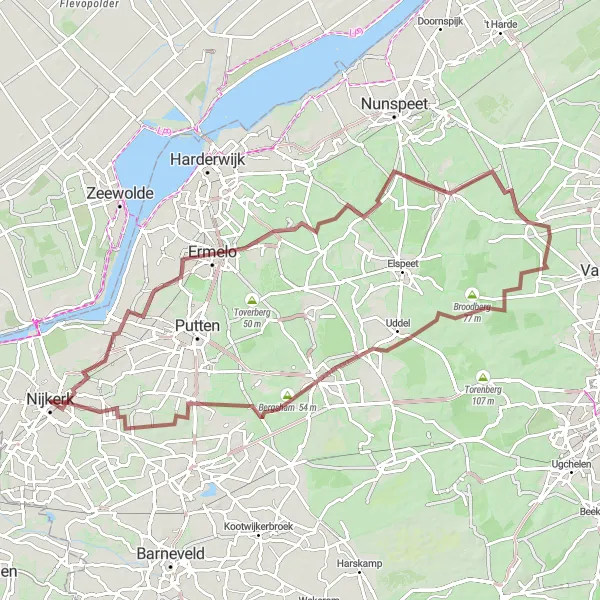 Miniatuurkaart van de fietsinspiratie "Gravelroute Ermelo-Uddel" in Gelderland, Netherlands. Gemaakt door de Tarmacs.app fietsrouteplanner