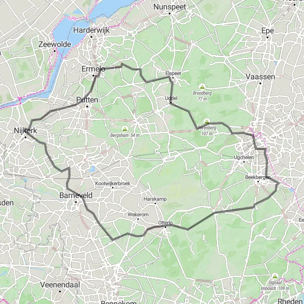 Miniatuurkaart van de fietsinspiratie "Uitdagende roadtrip langs Apeldoorn en Barneveld" in Gelderland, Netherlands. Gemaakt door de Tarmacs.app fietsrouteplanner