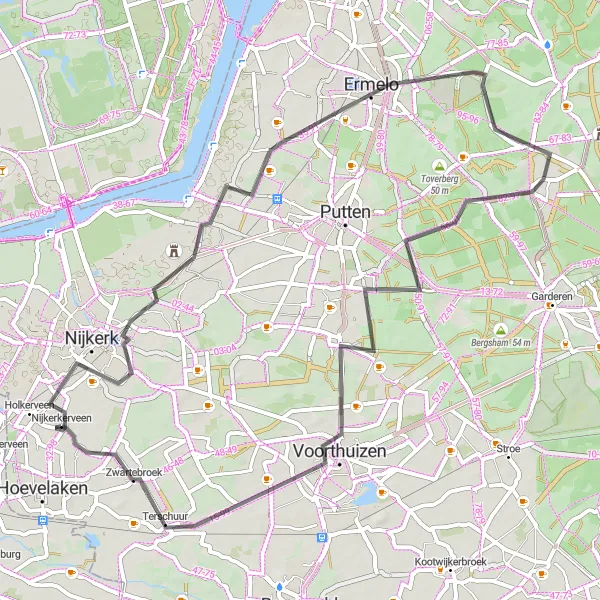 Map miniature of "Veluwe Express" cycling inspiration in Gelderland, Netherlands. Generated by Tarmacs.app cycling route planner