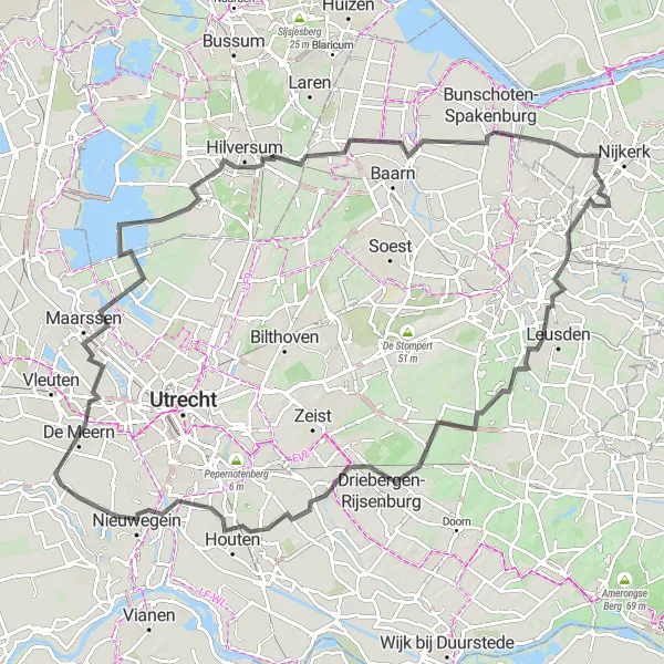 Map miniature of "Utrechtse Heuvelrug Loop" cycling inspiration in Gelderland, Netherlands. Generated by Tarmacs.app cycling route planner