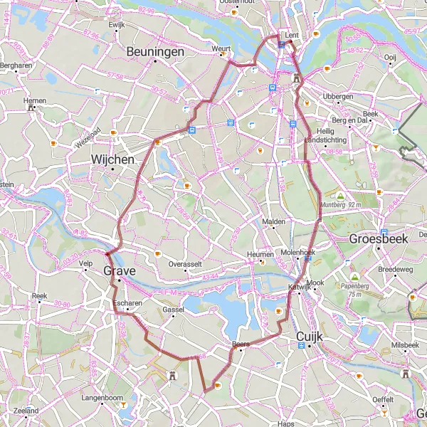 Map miniature of "Exploring the Gravel Trails Near Nijmegen" cycling inspiration in Gelderland, Netherlands. Generated by Tarmacs.app cycling route planner
