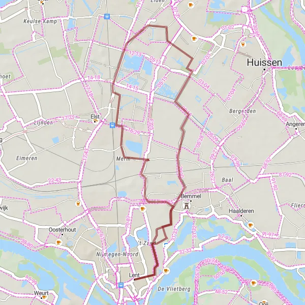 Miniatuurkaart van de fietsinspiratie "Rivieren en Ruïnes Gravelroute" in Gelderland, Netherlands. Gemaakt door de Tarmacs.app fietsrouteplanner