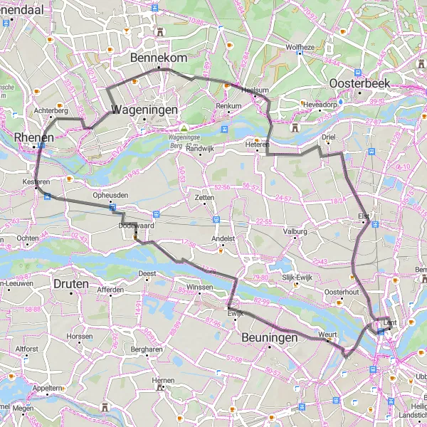 Map miniature of "Wolferen and Dodewaard Loop" cycling inspiration in Gelderland, Netherlands. Generated by Tarmacs.app cycling route planner