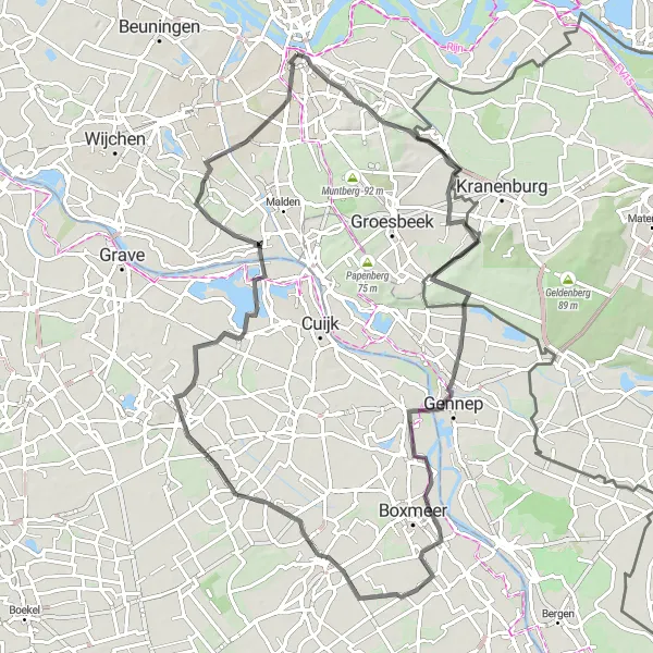 Map miniature of "The Scenic Road Cycling Experience" cycling inspiration in Gelderland, Netherlands. Generated by Tarmacs.app cycling route planner