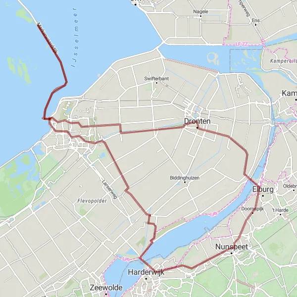 Miniatuurkaart van de fietsinspiratie "Gravel Avontuur door Flevoland" in Gelderland, Netherlands. Gemaakt door de Tarmacs.app fietsrouteplanner