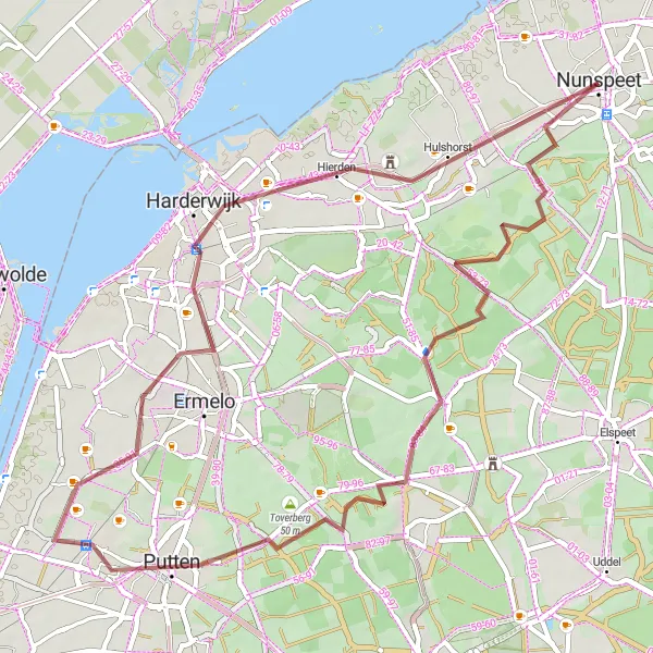 Miniatuurkaart van de fietsinspiratie "Avontuurlijke route langs Wildscherm Leuvenumse Bos en Toverberg" in Gelderland, Netherlands. Gemaakt door de Tarmacs.app fietsrouteplanner