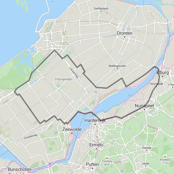 Miniatuurkaart van de fietsinspiratie "Rondje Veluwemeer en Natuurpark Lelystad" in Gelderland, Netherlands. Gemaakt door de Tarmacs.app fietsrouteplanner