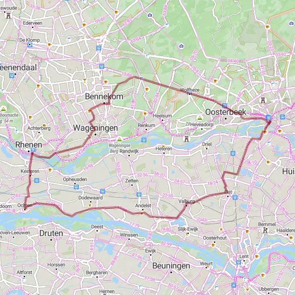 Map miniature of "Relaxing Gravel Journey" cycling inspiration in Gelderland, Netherlands. Generated by Tarmacs.app cycling route planner