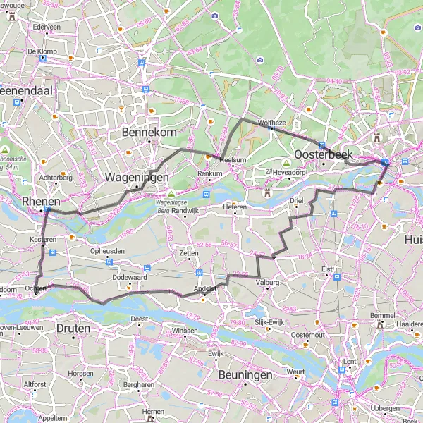 Map miniature of "Historic Villages and Scenic Landscapes" cycling inspiration in Gelderland, Netherlands. Generated by Tarmacs.app cycling route planner
