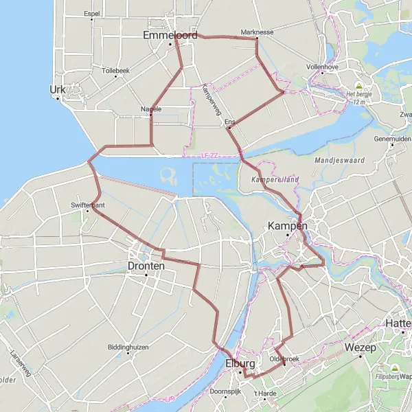 Map miniature of "North East Polder Gravel Tour" cycling inspiration in Gelderland, Netherlands. Generated by Tarmacs.app cycling route planner