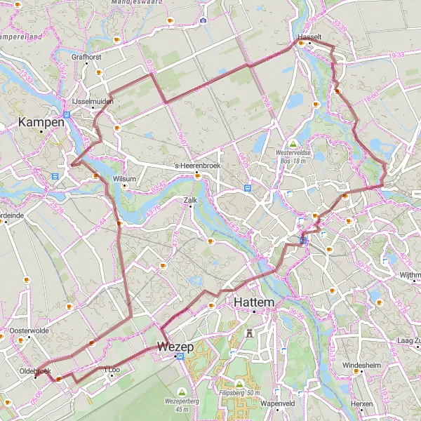 Miniatuurkaart van de fietsinspiratie "Gravelroute naar Zwolle en 't Loo" in Gelderland, Netherlands. Gemaakt door de Tarmacs.app fietsrouteplanner