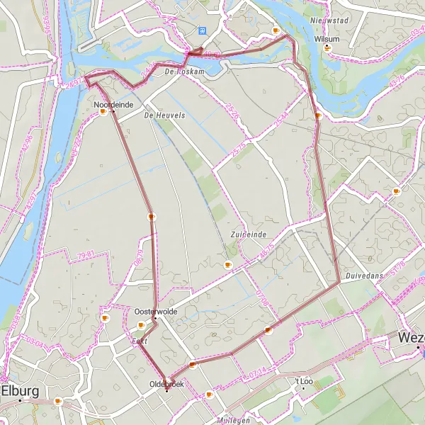 Miniatuurkaart van de fietsinspiratie "Gravel Route naar Noordeinde" in Gelderland, Netherlands. Gemaakt door de Tarmacs.app fietsrouteplanner