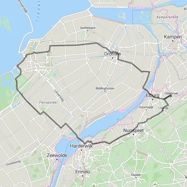 Map miniature of "Veluwemeer Adventure Loop" cycling inspiration in Gelderland, Netherlands. Generated by Tarmacs.app cycling route planner