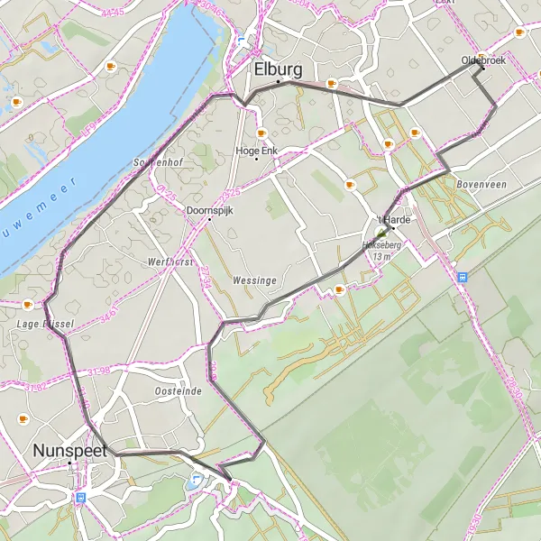 Miniatuurkaart van de fietsinspiratie "Wegroute naar Hokseberg en Veluwemeer" in Gelderland, Netherlands. Gemaakt door de Tarmacs.app fietsrouteplanner