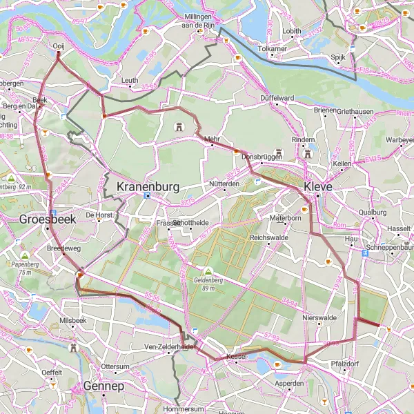 Miniatuurkaart van de fietsinspiratie "Ooij en Kleve Gravelroute" in Gelderland, Netherlands. Gemaakt door de Tarmacs.app fietsrouteplanner