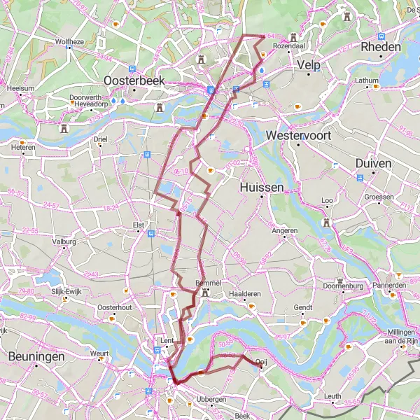 Miniatuurkaart van de fietsinspiratie "Nijmegen en Lent Grindroute" in Gelderland, Netherlands. Gemaakt door de Tarmacs.app fietsrouteplanner