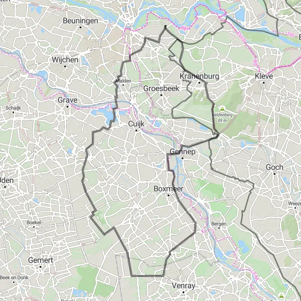 Map miniature of "Scenic Delights of Ooij" cycling inspiration in Gelderland, Netherlands. Generated by Tarmacs.app cycling route planner