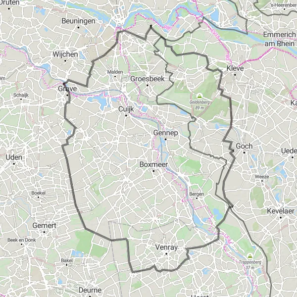 Miniatuurkaart van de fietsinspiratie "Grote wegtocht van Ooij naar Nijmegen" in Gelderland, Netherlands. Gemaakt door de Tarmacs.app fietsrouteplanner