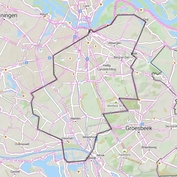 Miniatuurkaart van de fietsinspiratie "Wegroute door Beek en Nijmegen" in Gelderland, Netherlands. Gemaakt door de Tarmacs.app fietsrouteplanner