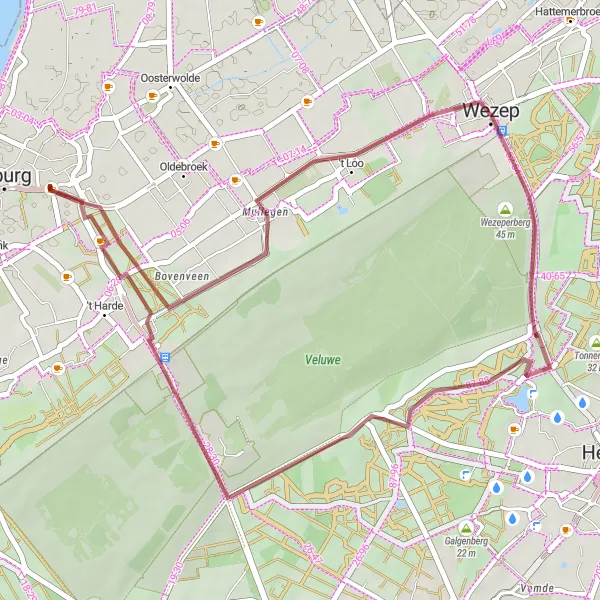 Miniatuurkaart van de fietsinspiratie "Avontuurlijke graveltocht naar 't Harde" in Gelderland, Netherlands. Gemaakt door de Tarmacs.app fietsrouteplanner