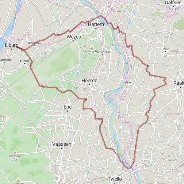 Map miniature of "Picturesque gravel exploration of Gelderland" cycling inspiration in Gelderland, Netherlands. Generated by Tarmacs.app cycling route planner