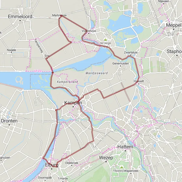 Miniatuurkaart van de fietsinspiratie "Langs de Veluwemeer naar Oosterwolde" in Gelderland, Netherlands. Gemaakt door de Tarmacs.app fietsrouteplanner