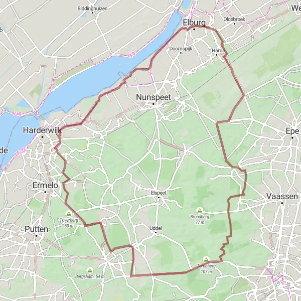 Map miniature of "Gravel adventure through the Veluwe forests" cycling inspiration in Gelderland, Netherlands. Generated by Tarmacs.app cycling route planner