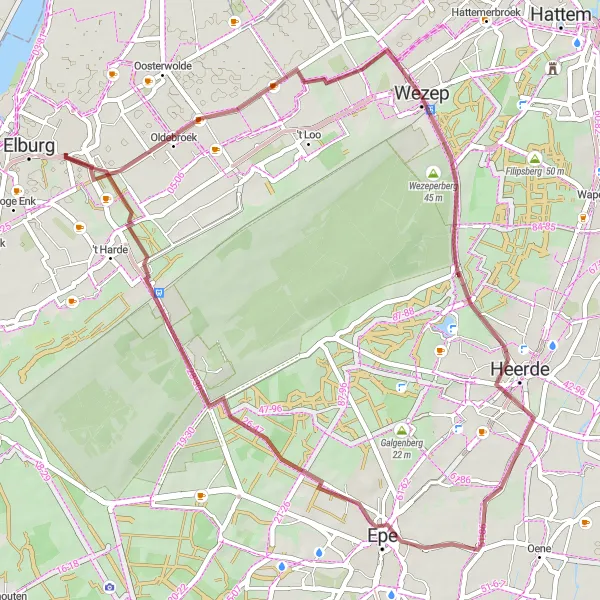 Map miniature of "Oostendorp Loop" cycling inspiration in Gelderland, Netherlands. Generated by Tarmacs.app cycling route planner