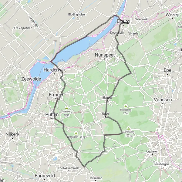 Miniatuurkaart van de fietsinspiratie "Vierhouten en Elburg Route" in Gelderland, Netherlands. Gemaakt door de Tarmacs.app fietsrouteplanner
