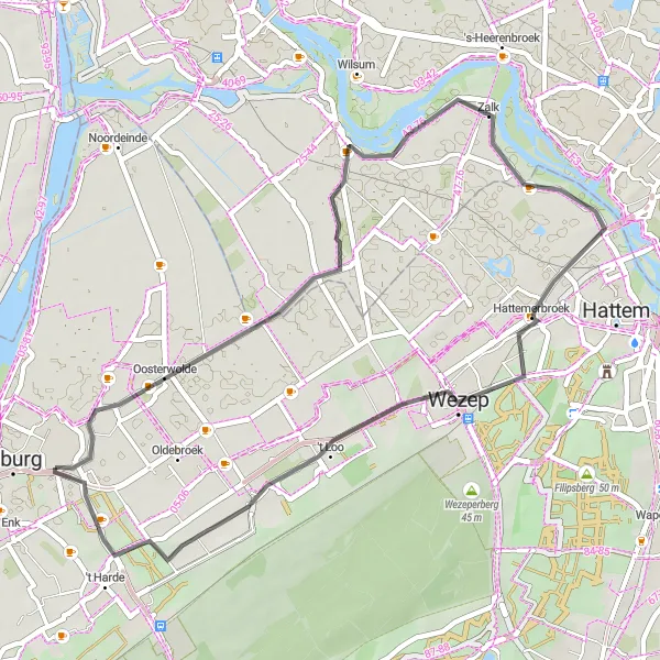 Map miniature of "Scenic countryside road loop" cycling inspiration in Gelderland, Netherlands. Generated by Tarmacs.app cycling route planner