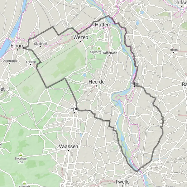 Map miniature of "Hundred Kilometers Adventure" cycling inspiration in Gelderland, Netherlands. Generated by Tarmacs.app cycling route planner
